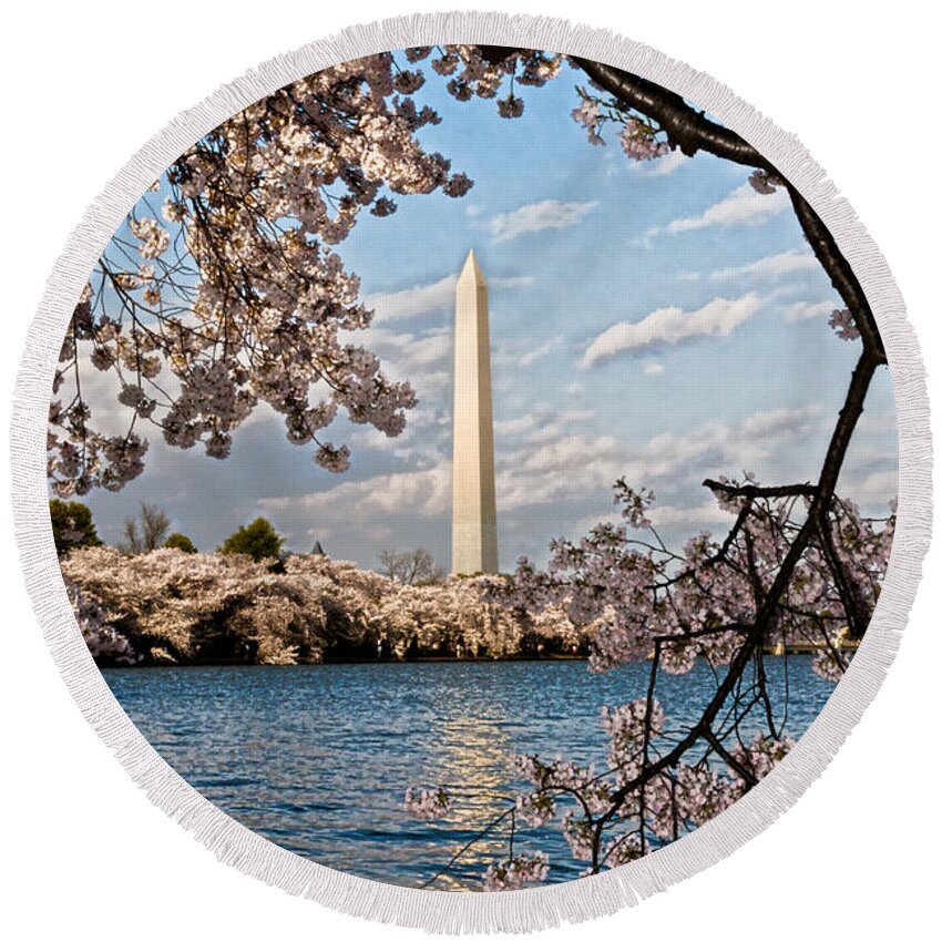 Cherry Round Beach Towel featuring the photograph Framed With Blossoms by Christopher Holmes