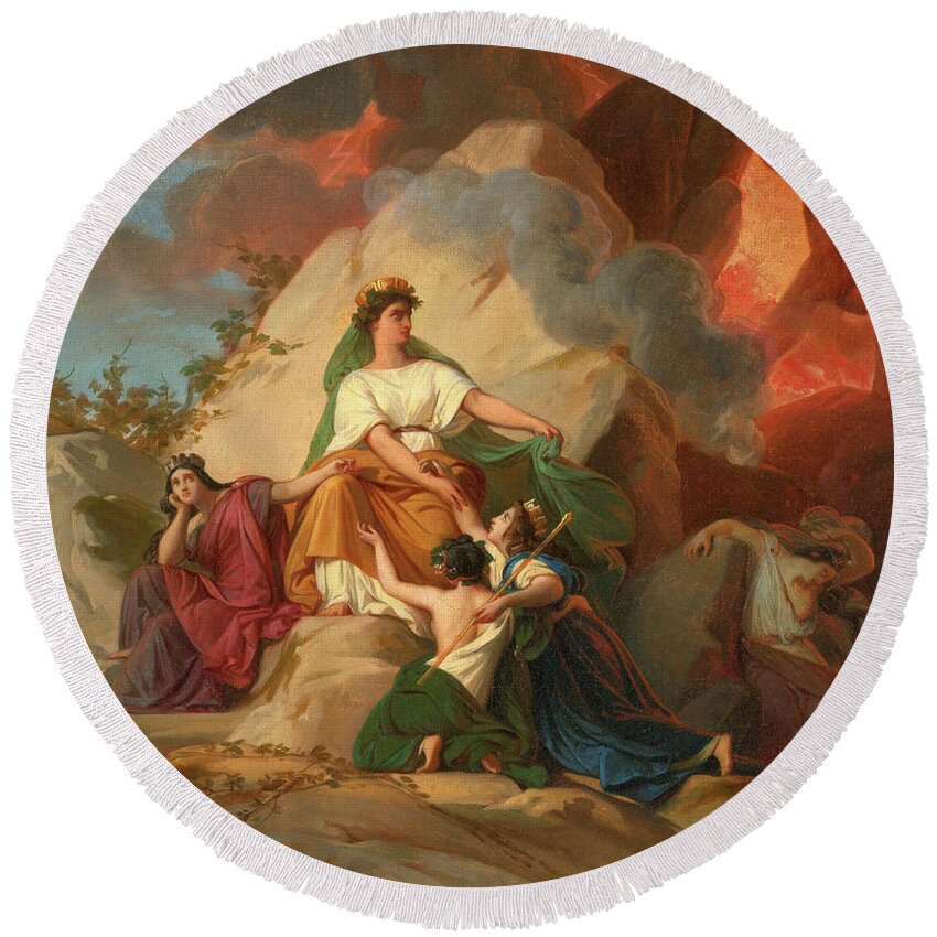 Francois-edouard Picot Round Beach Towel featuring the painting Cybele opposing Vesuvius to protect the Cities of Stabia Herculaneum Pompeii by Francois-Edouard Picot