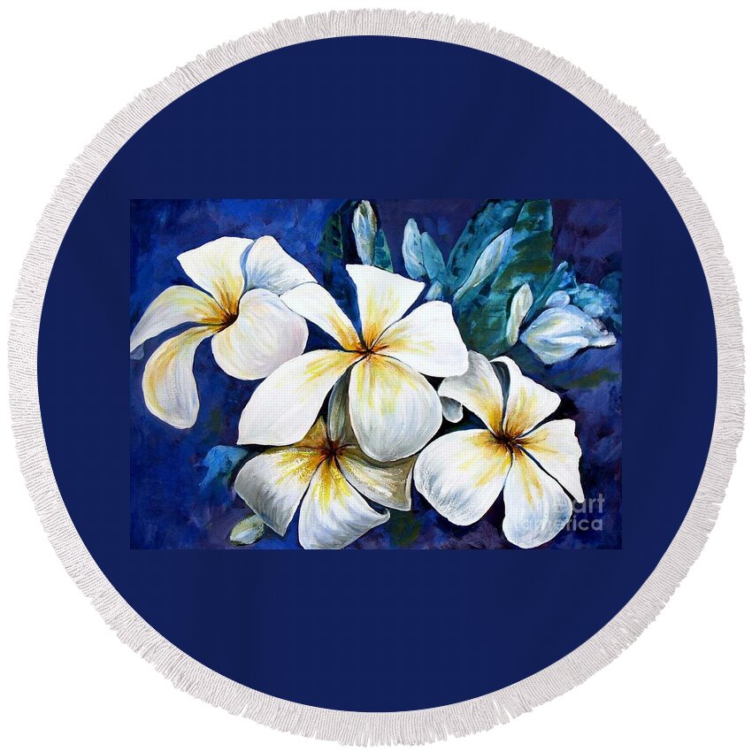 Acrylic. Flowers Round Beach Towel featuring the painting Frangipani by Ryn Shell