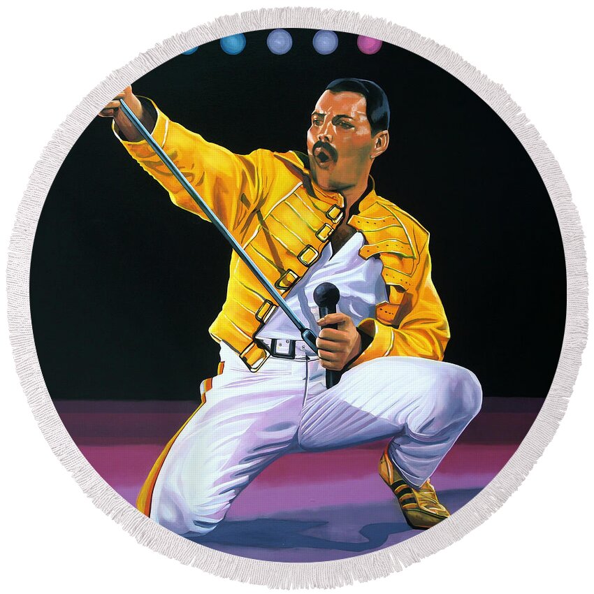 Freddie Mercury Round Beach Towel featuring the painting Freddie Mercury Live by Paul Meijering