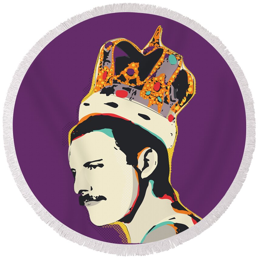 Freddie Mercury Round Beach Towel featuring the digital art Freddie Mercury Pop Art Quote by BONB Creative