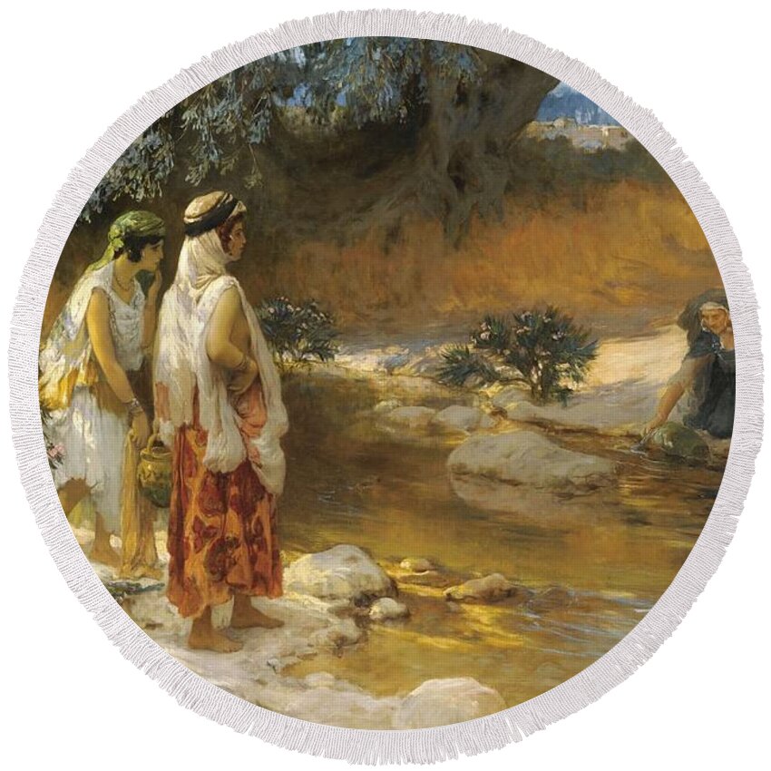 Nature Round Beach Towel featuring the painting Frederick Arthur Bridgman 1847  1928 AMERICAN AT THE WATER S EDGE by Frederick Arthur Bridgman