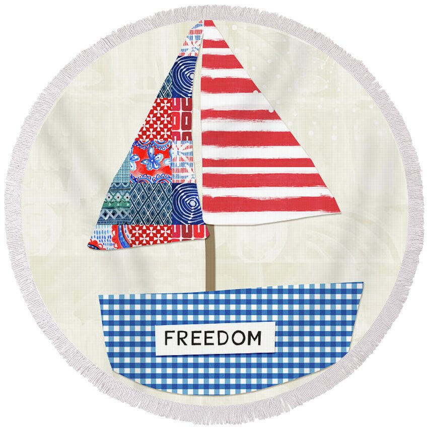 Red Round Beach Towel featuring the mixed media Freedom Boat- Art by Linda Woods by Linda Woods