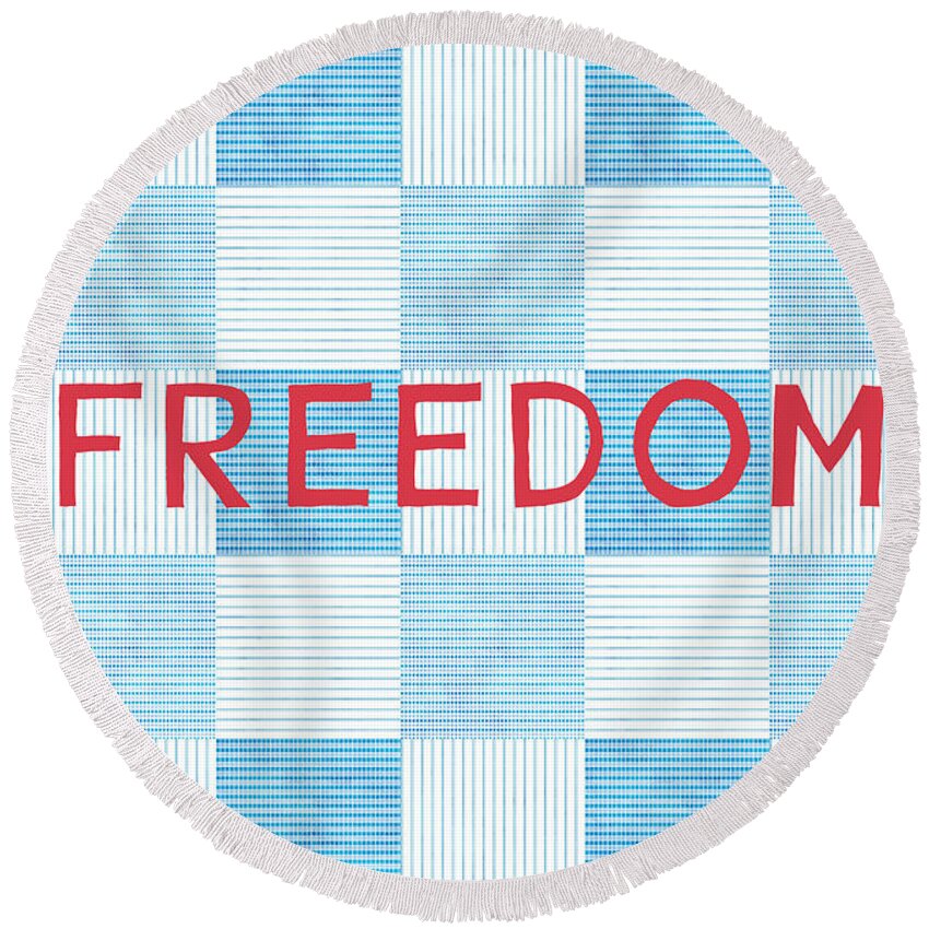 Red White And Blue Round Beach Towel featuring the digital art Freedom Patchwork by Linda Woods