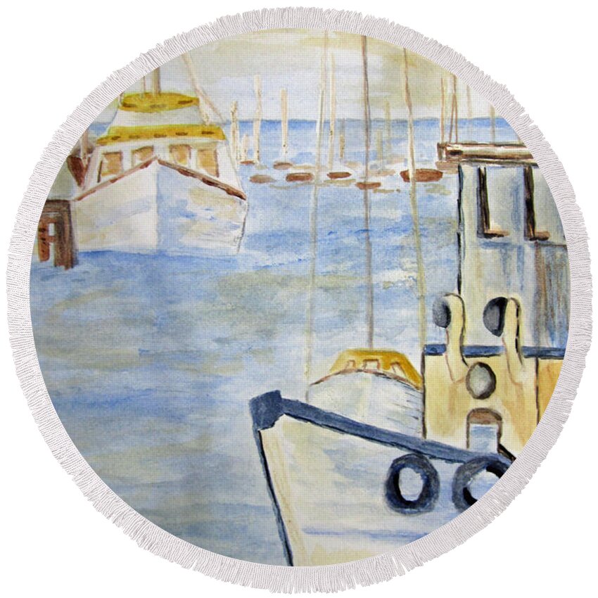  Round Beach Towel featuring the painting Fishing boats in Fremantle by Elvira Ingram