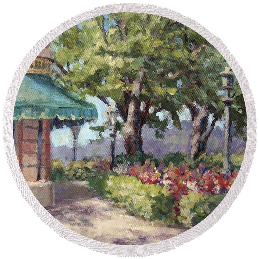 Epcot Round Beach Towel featuring the painting French Stroll by L Diane Johnson