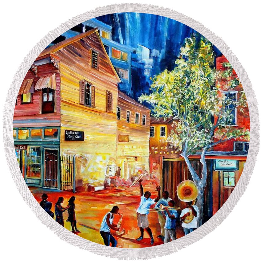 New Orleans Round Beach Towel featuring the painting Frenchmen Street Funk by Diane Millsap