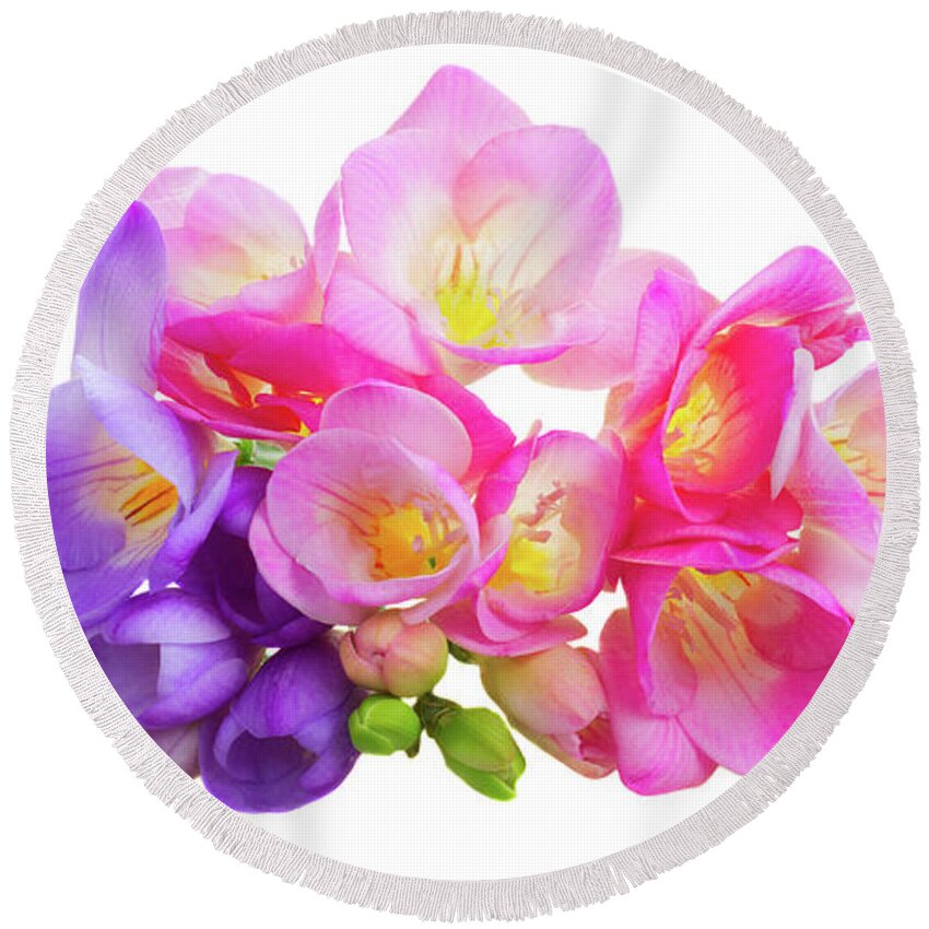 Freesia Round Beach Towel featuring the photograph Fresh Pink and Violet Freesia Flowers by Anastasy Yarmolovich