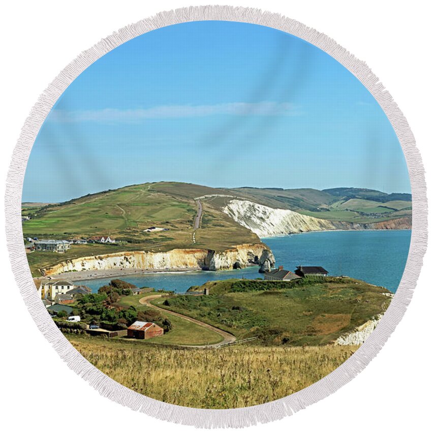 Britain Round Beach Towel featuring the photograph Freshwater Bay From Tennyson Down by Rod Johnson