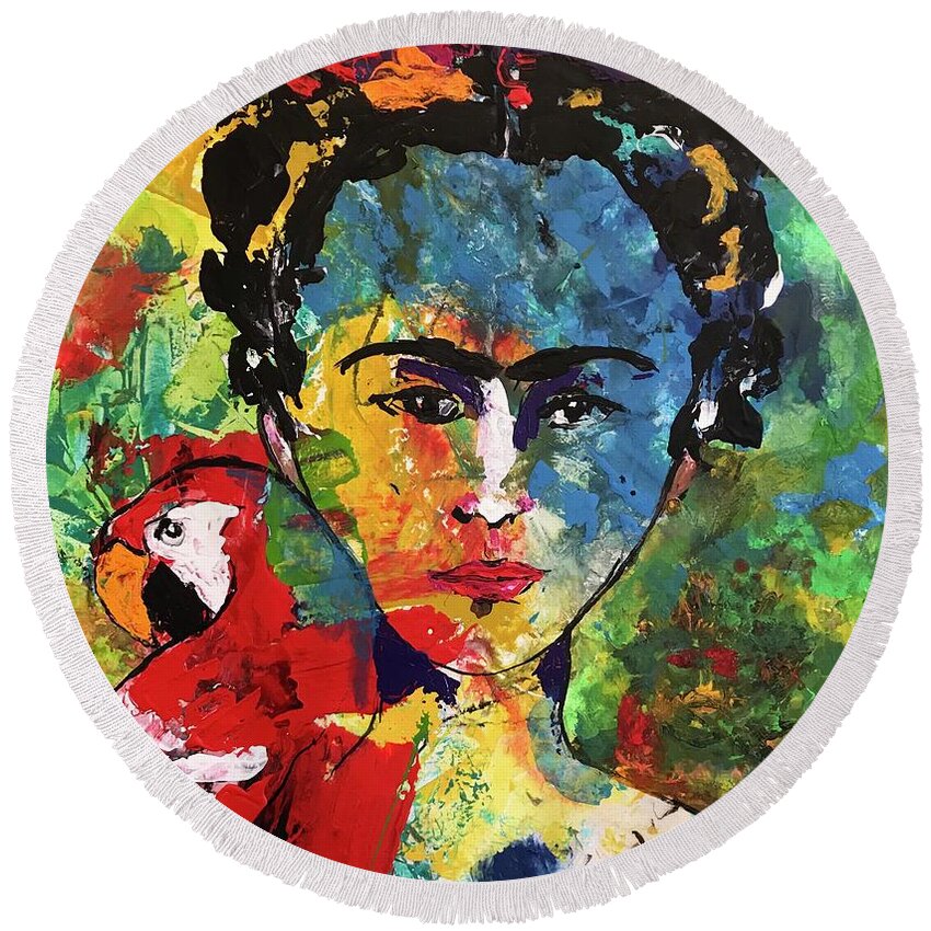 Frida Round Beach Towel featuring the painting Frida and Parrot Uno by Elaine Elliott