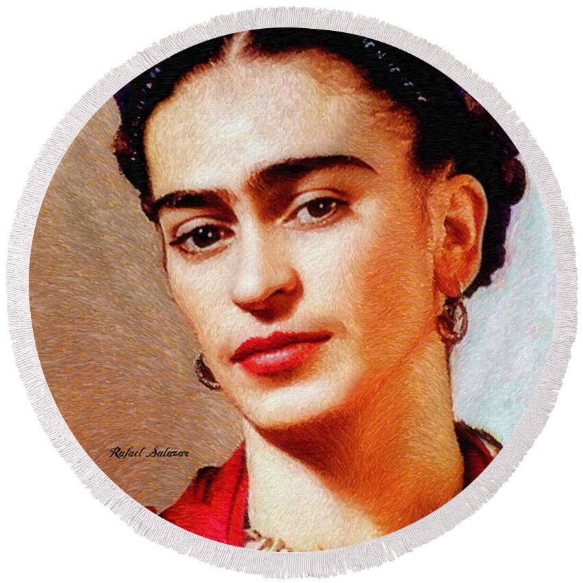 Rafael Salazar Round Beach Towel featuring the painting Frida in Red by Rafael Salazar