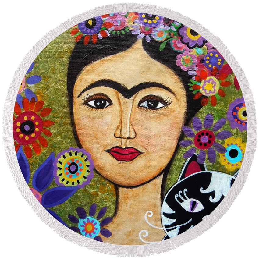 Frida Round Beach Towel featuring the painting Frida Kahlo And Cat by Pristine Cartera Turkus