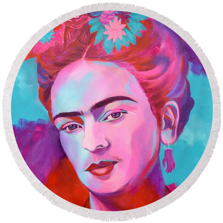 Frida Kahlo Round Beach Towel featuring the painting Frida Kahlo by Luzdy Rivera