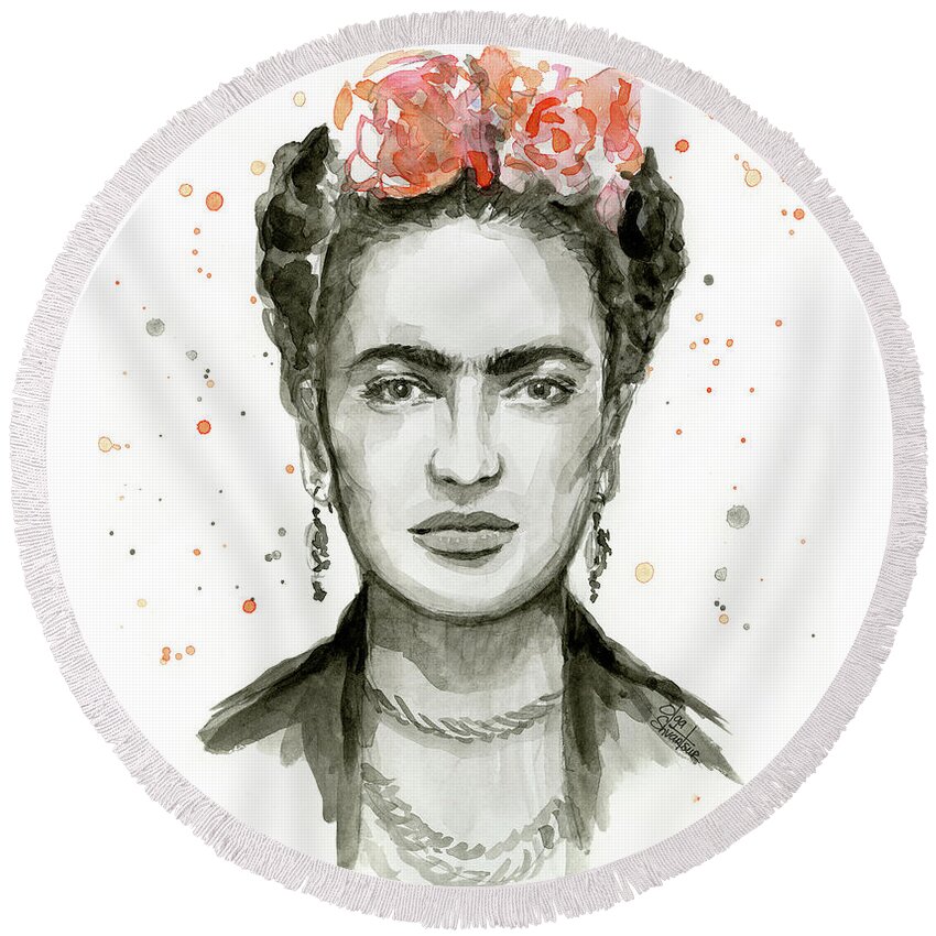 Frida Kahlo Round Beach Towel featuring the painting Frida Kahlo Portrait by Olga Shvartsur