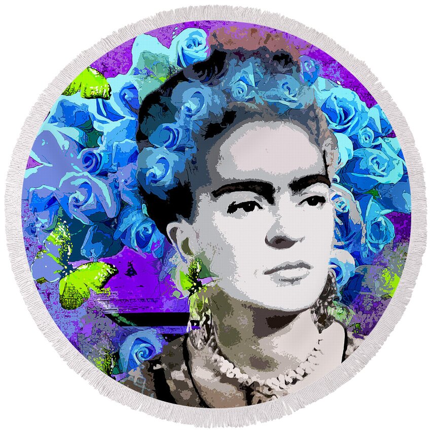 Frida Kahlo Round Beach Towel featuring the painting Frida Kahlo by Saundra Myles