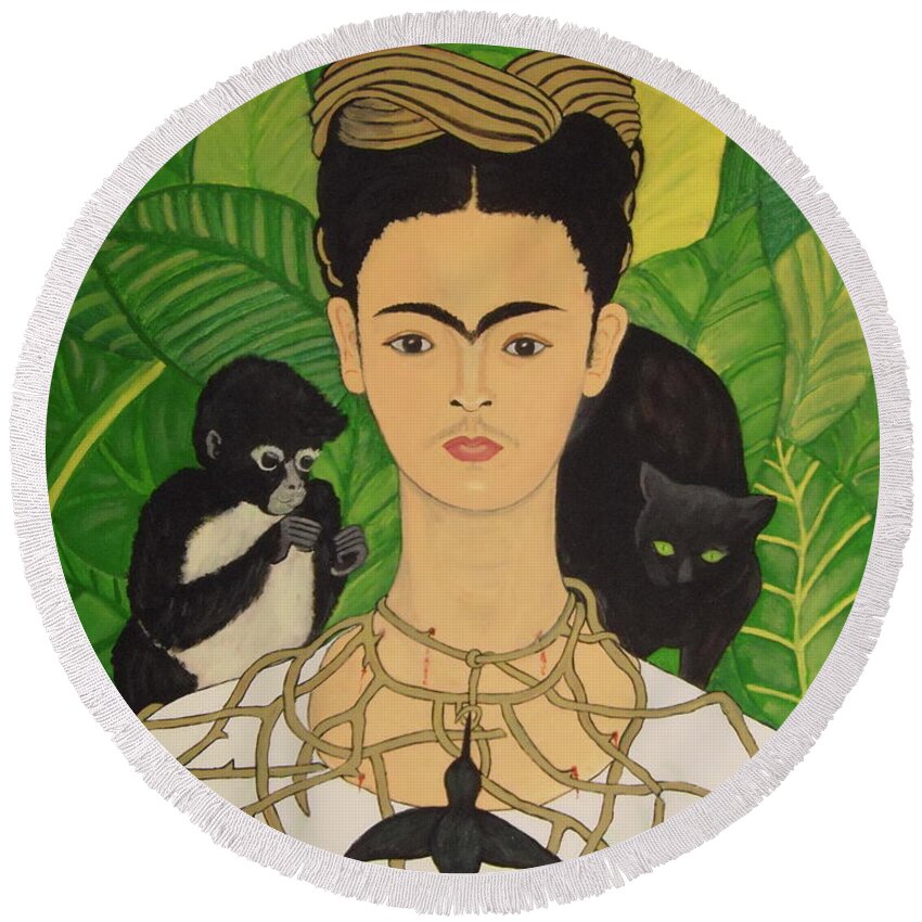 Frida Kahlo Round Beach Towel featuring the painting Frida with Monkey and Cat by Stephanie Moore