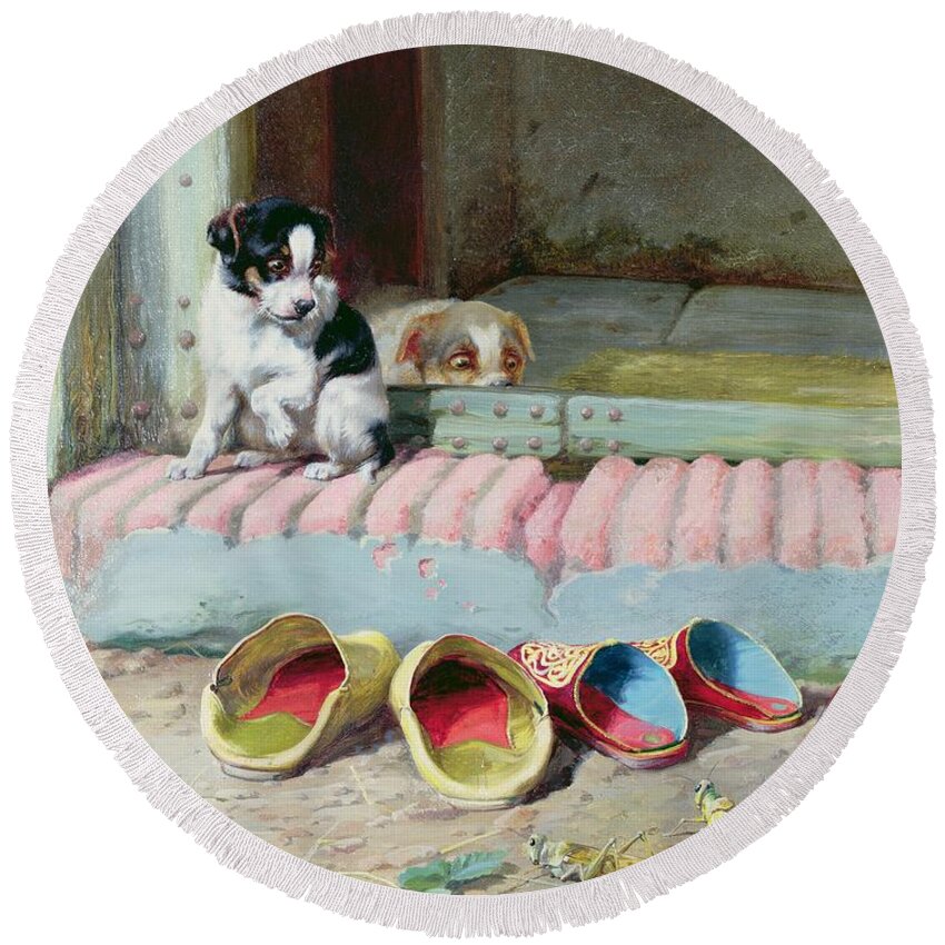 Friend Or Foe Round Beach Towel featuring the painting Friend or Foe by William Henry Hamilton Trood