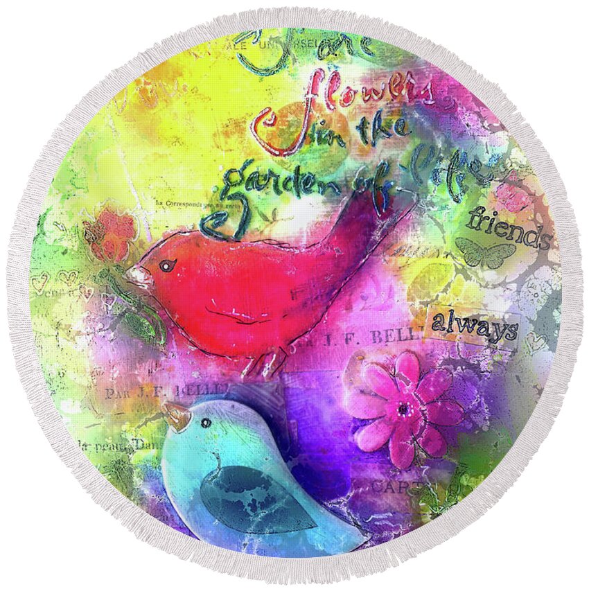 Birds Round Beach Towel featuring the digital art Friends Always by Claire Bull
