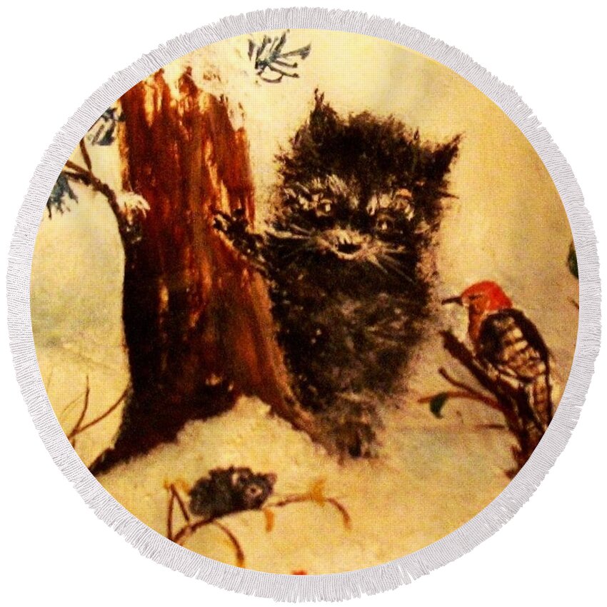 Baby Raccoon Round Beach Towel featuring the painting Friends Forever by Hazel Holland