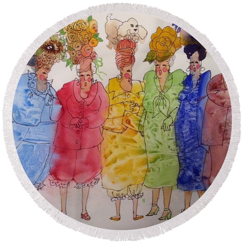 Women Round Beach Towel featuring the painting The Crazy Hat Society by Marilyn Jacobson