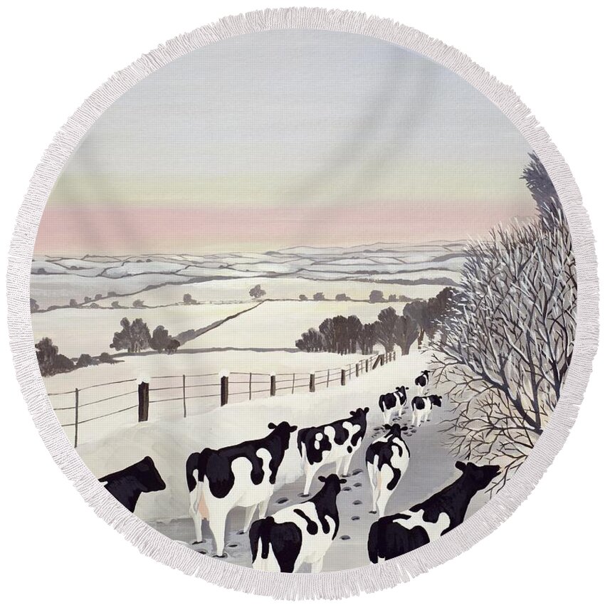 Fence Round Beach Towel featuring the painting Friesians in Winter by Maggie Rowe
