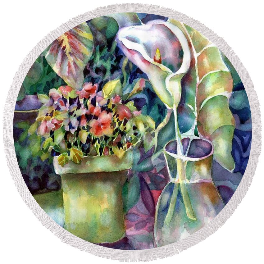 House Plants Round Beach Towel featuring the painting From The Garden by Ann Nicholson