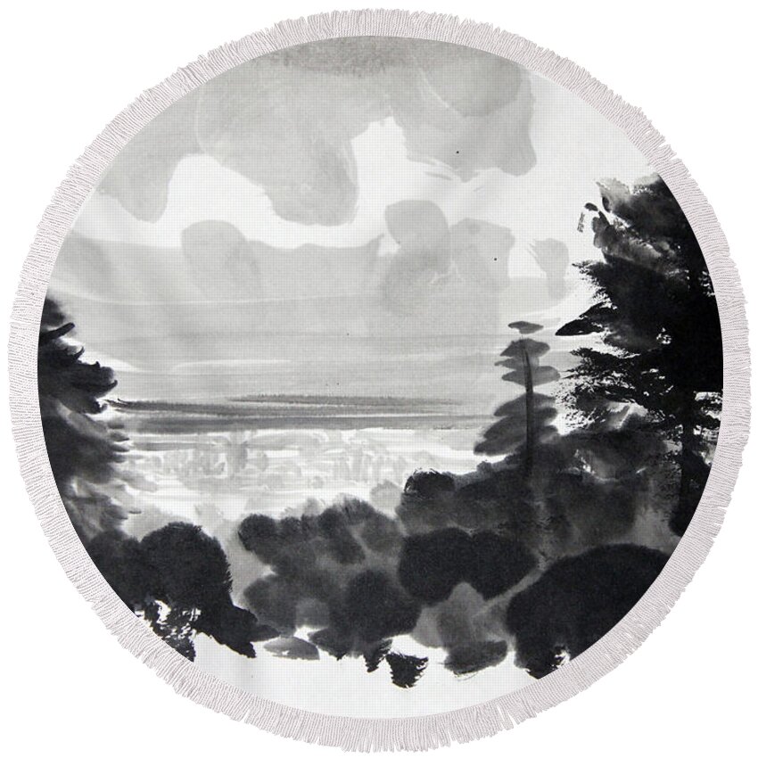 Japanese Round Beach Towel featuring the painting From The Hill by Fumiyo Yoshikawa