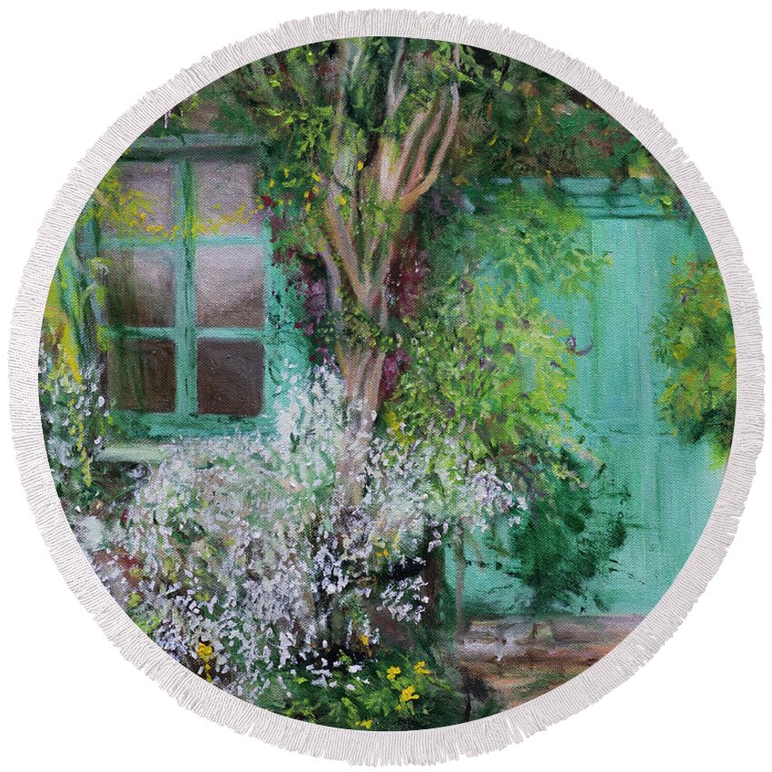 Door And Window By The Garden In Monet's House In Giverney Round Beach Towel featuring the painting Front Door by Kathy Knopp