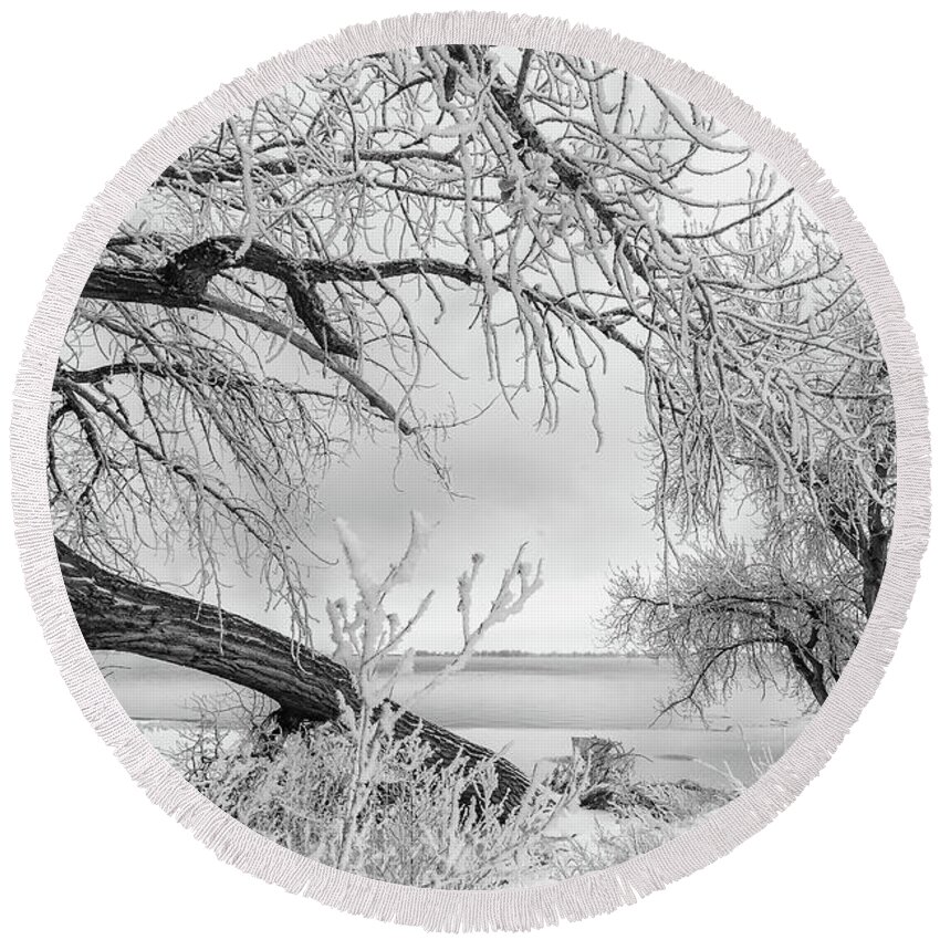 Landscape Round Beach Towel featuring the photograph Frost and Snow Covered Trees on the Plains by Tony Hake