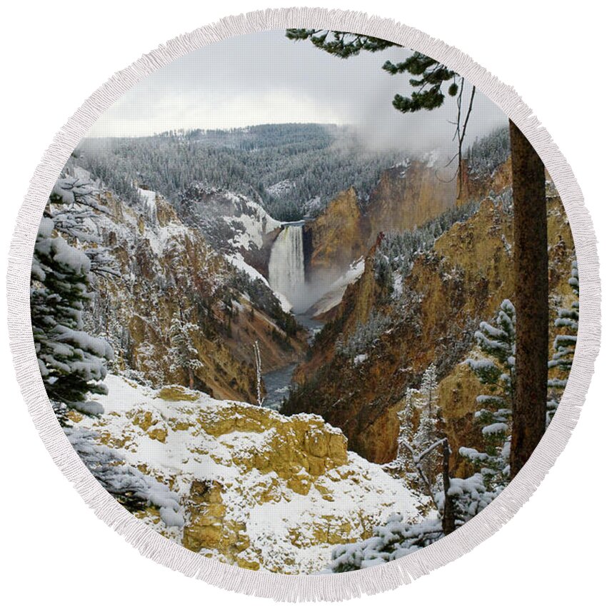Yellowstone Round Beach Towel featuring the photograph Frosted Canyon by Steve Stuller