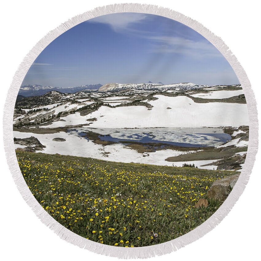 Frozen Lake Round Beach Towel featuring the photograph Frozen Lake Beartooth Highway by Gary Beeler