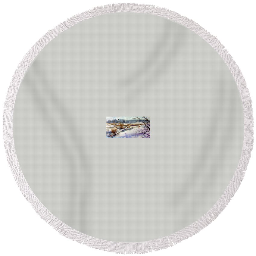 Watercolor Round Beach Towel featuring the painting Frozen River by Judith Levins