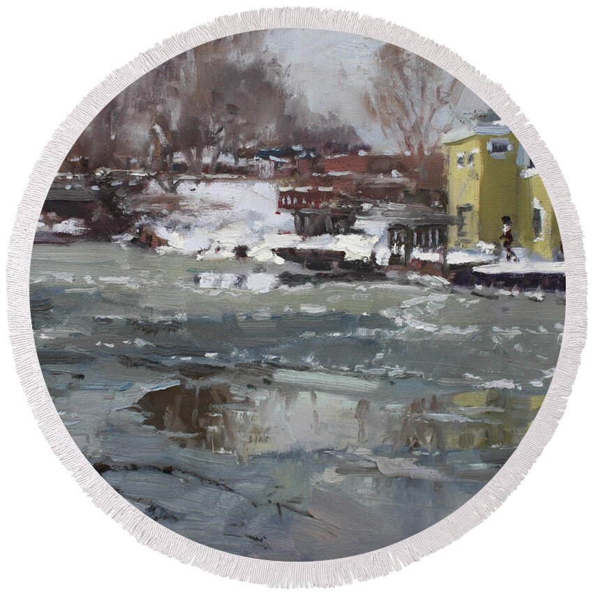 Frozen River Round Beach Towel featuring the painting Frozen Cayuga Creek by Ylli Haruni