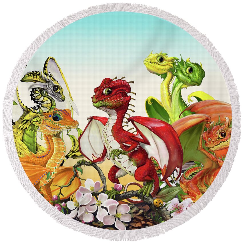 Fruit Dragons Round Beach Towel featuring the digital art Fruit Medley Dragons by Stanley Morrison