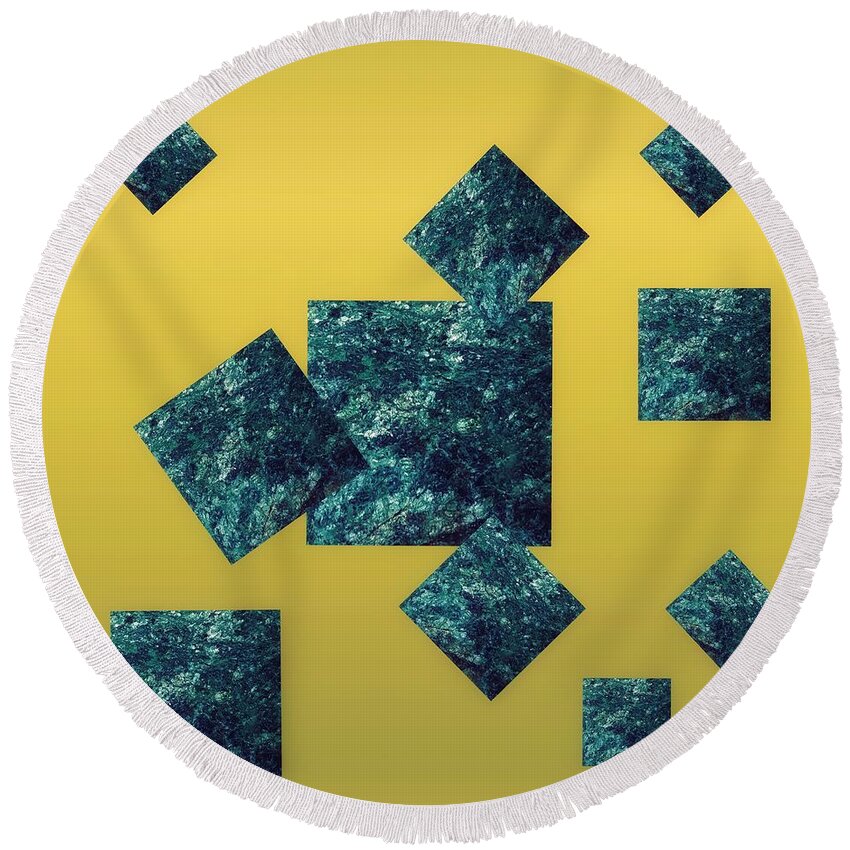 Fuchsite Round Beach Towel featuring the mixed media Fuchsite Squares On Gold by Rachel Hannah