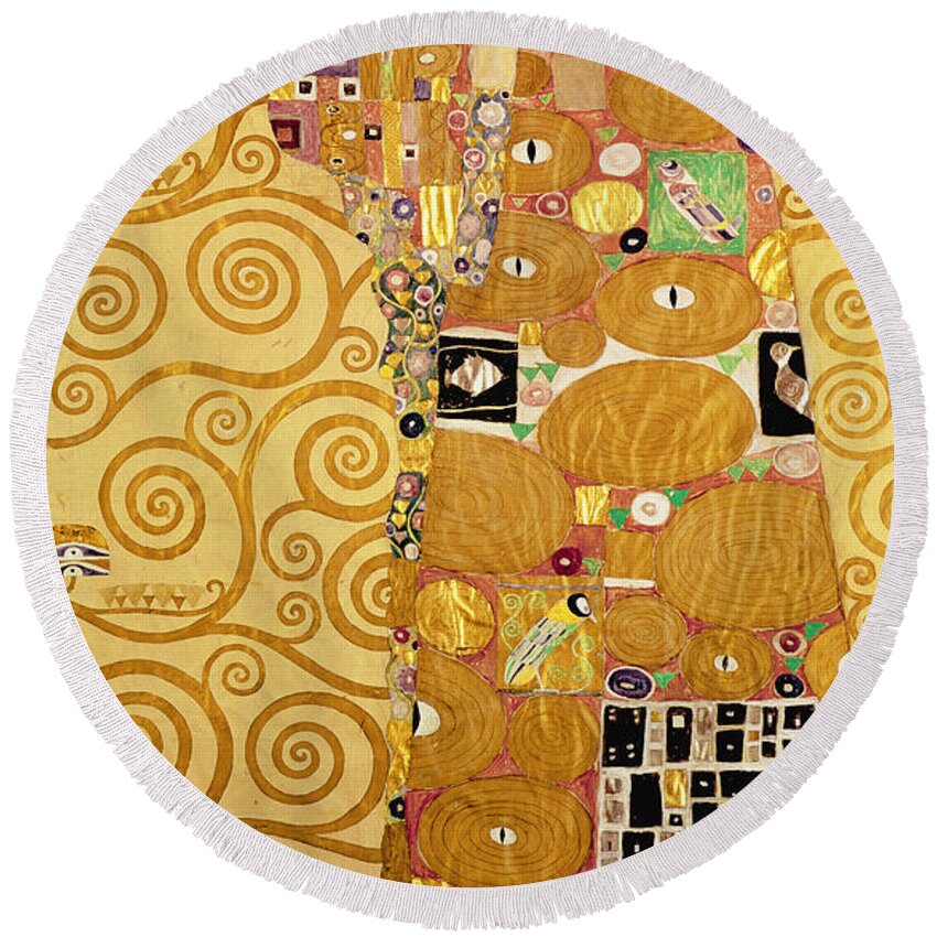Fulfilment Round Beach Towel featuring the painting Fulfilment Stoclet Frieze by Gustav Klimt