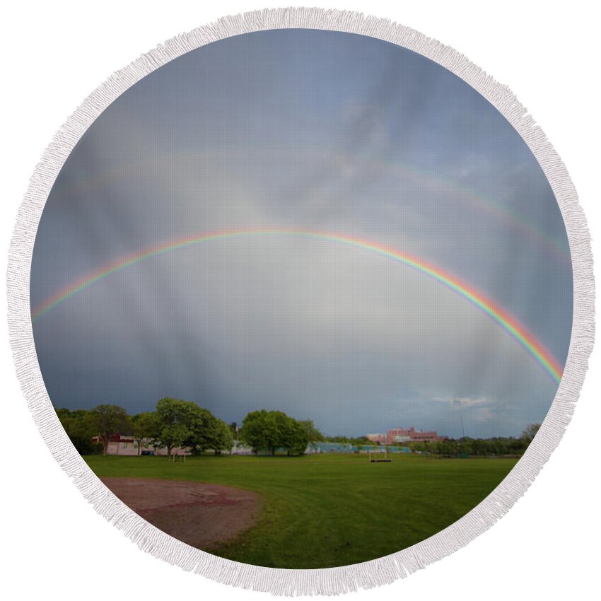 Raindown Round Beach Towel featuring the photograph Full Double Rainbow by Darryl Hendricks
