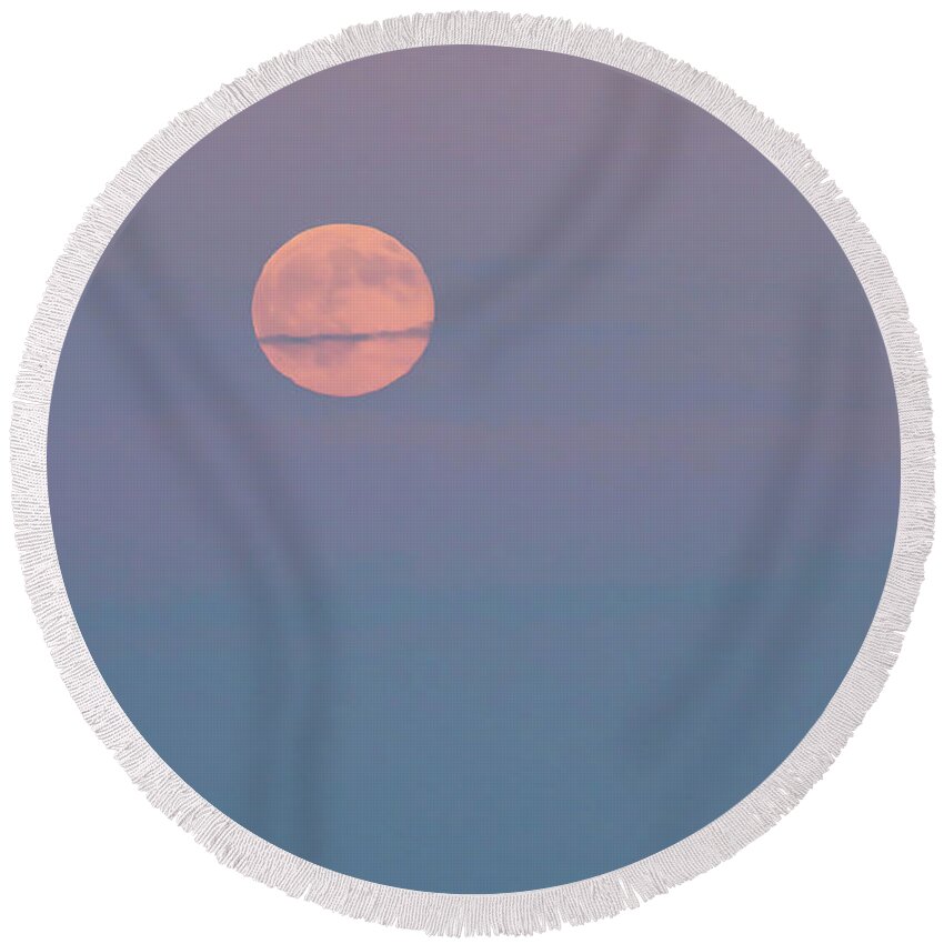 Terry D Photography Round Beach Towel featuring the photograph Full Moon Over Calm Sea Lavallette NJ by Terry DeLuco