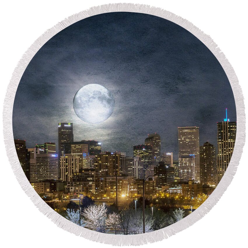 Buildings Round Beach Towel featuring the photograph Full Moon Over Denver by Juli Scalzi