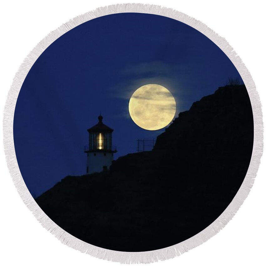 Photosbymch Round Beach Towel featuring the photograph Full moon over Makapu'u Light by M C Hood