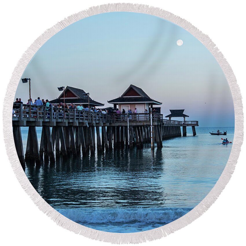 Naples Round Beach Towel featuring the photograph Full Moon over the Naples Pier at Sunrise Naples Florida by Toby McGuire