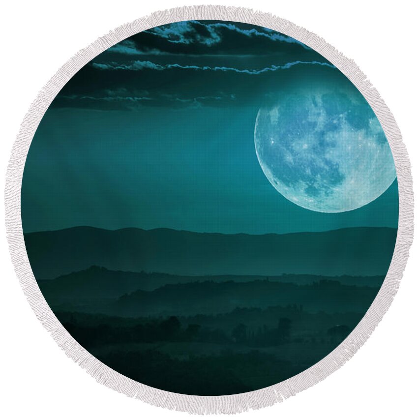 Composite Round Beach Towel featuring the digital art Full moon over Tuscany by Wolfgang Stocker