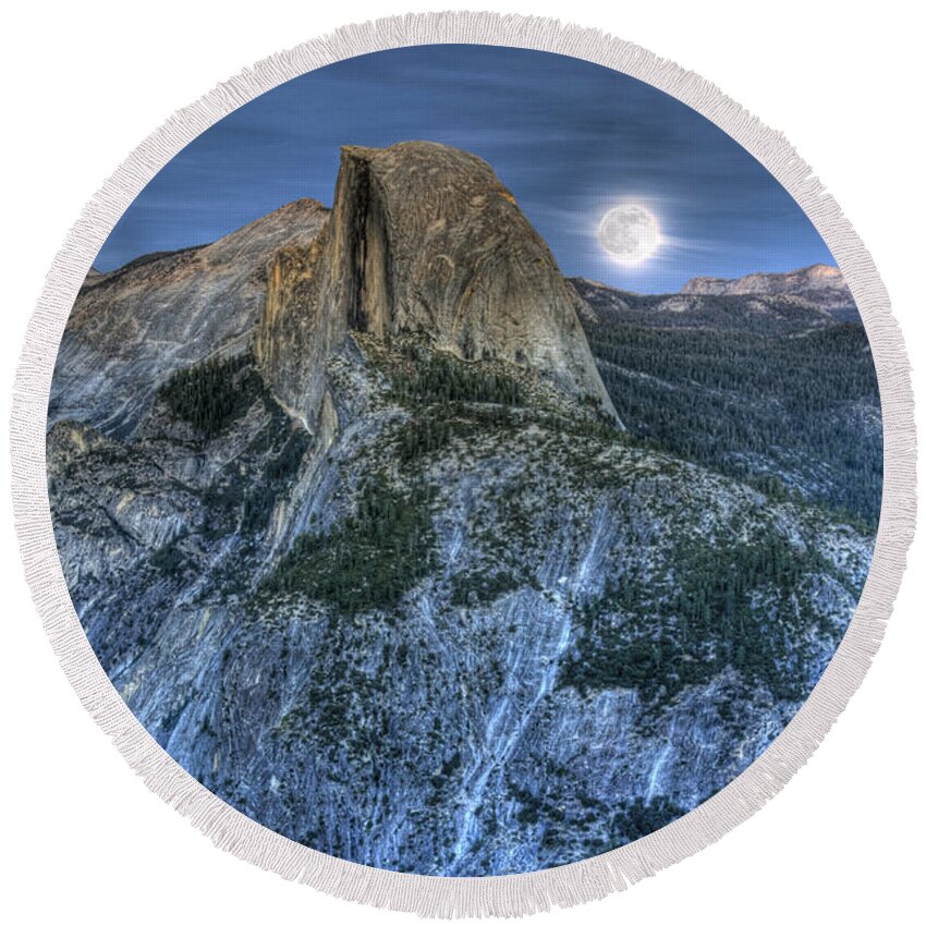 Half Dome Round Beach Towel featuring the photograph Full Moon rising behind Half Dome by Jim And Emily Bush