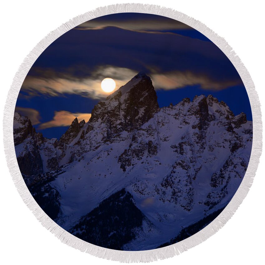 Full Moon Sets Over The Grand Teton Round Beach Towel featuring the photograph Full Moon Sets Over the Grand Teton by Raymond Salani III