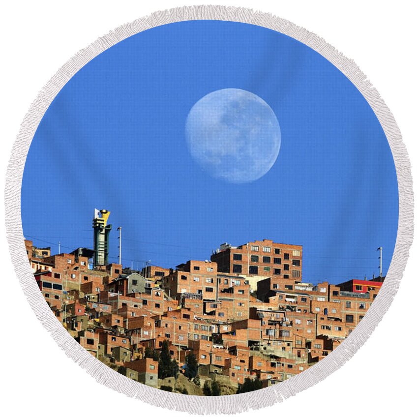 Bolivia Round Beach Towel featuring the photograph Full moon setting over El Alto Bolivia by James Brunker