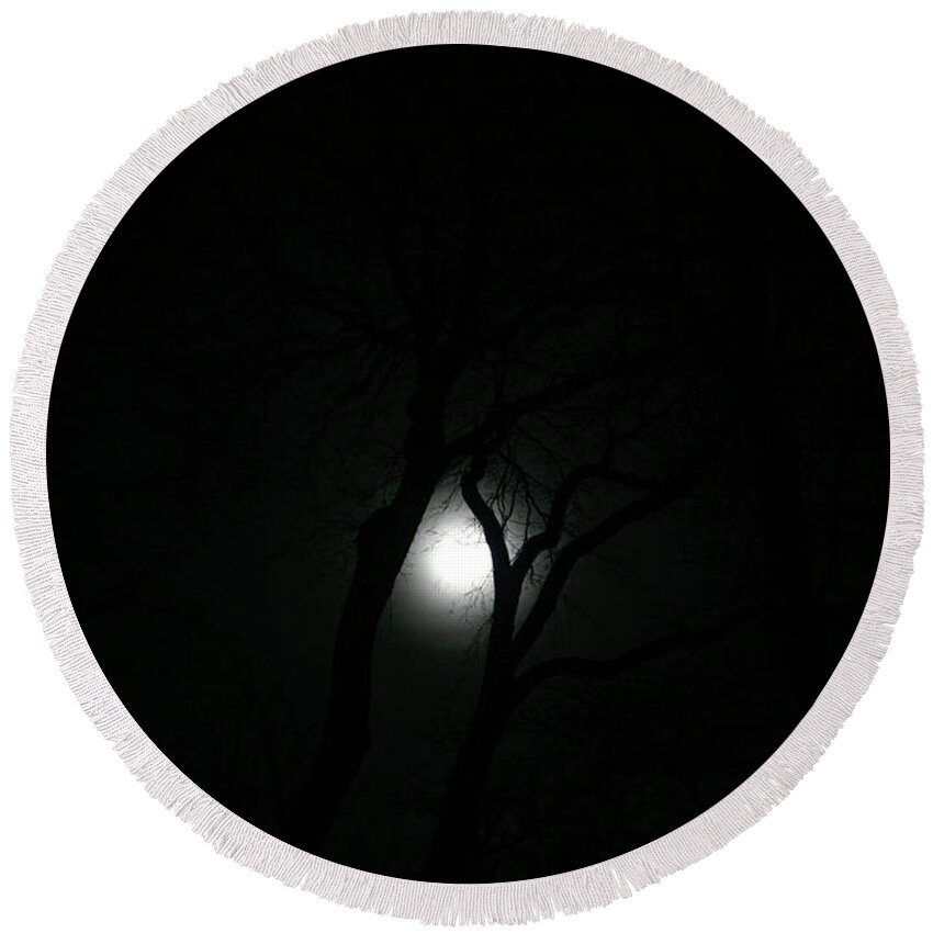 Full Moon Round Beach Towel featuring the photograph Full Moon Through Trees by Marilyn Hunt