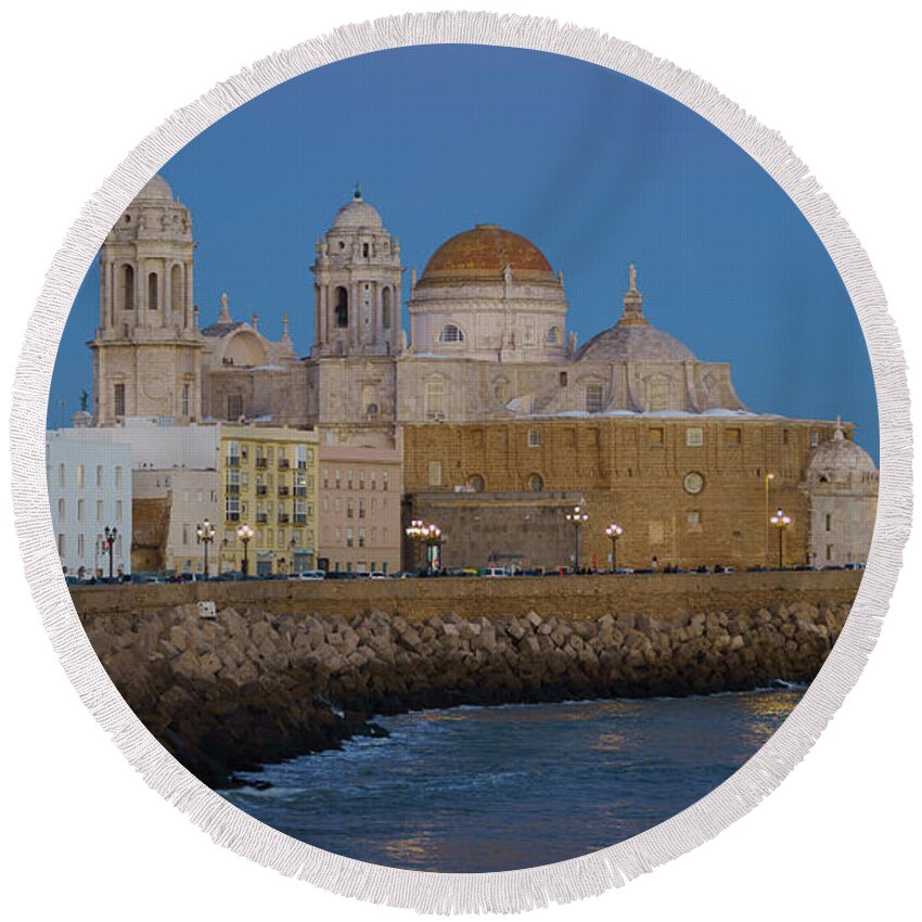 Tour Tourism Round Beach Towel featuring the photograph Full Moonrise Over the Cathedral Cadiz Spain by Pablo Avanzini