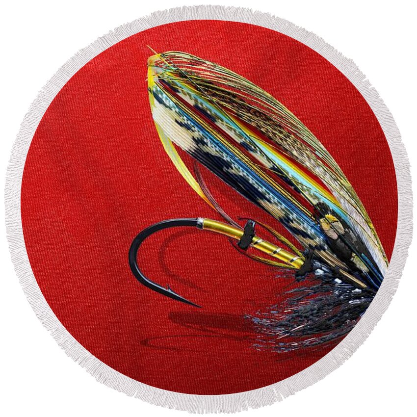 Fishing Corner Collection By Serge Averbukh Round Beach Towel featuring the photograph Fully Dressed Salmon Fly on Red by Serge Averbukh