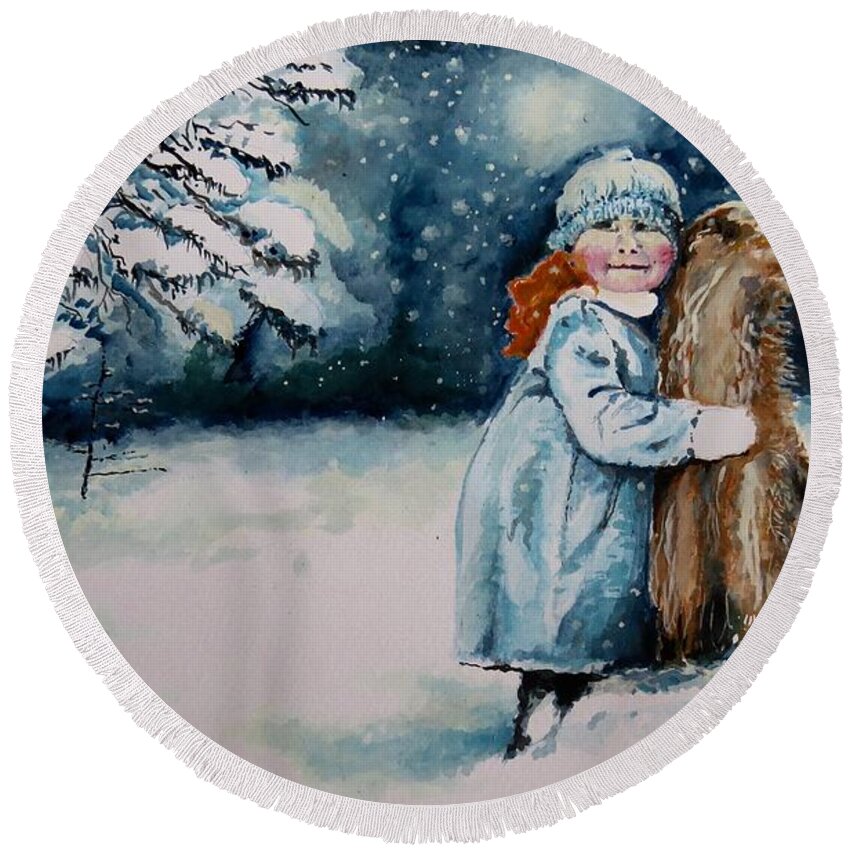 Fun In The Snow Round Beach Towel featuring the painting Fun In The Snow by Geni Gorani