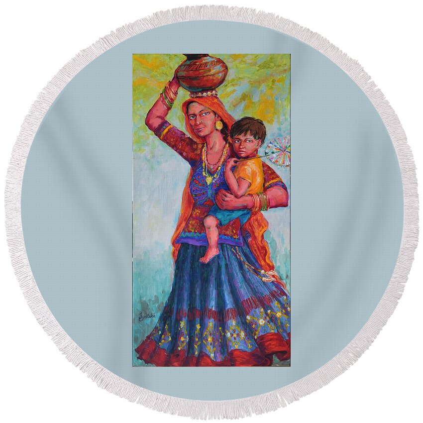 Tribal Woman Round Beach Towel featuring the painting Fun Ride, Kutch by Jyotika Shroff